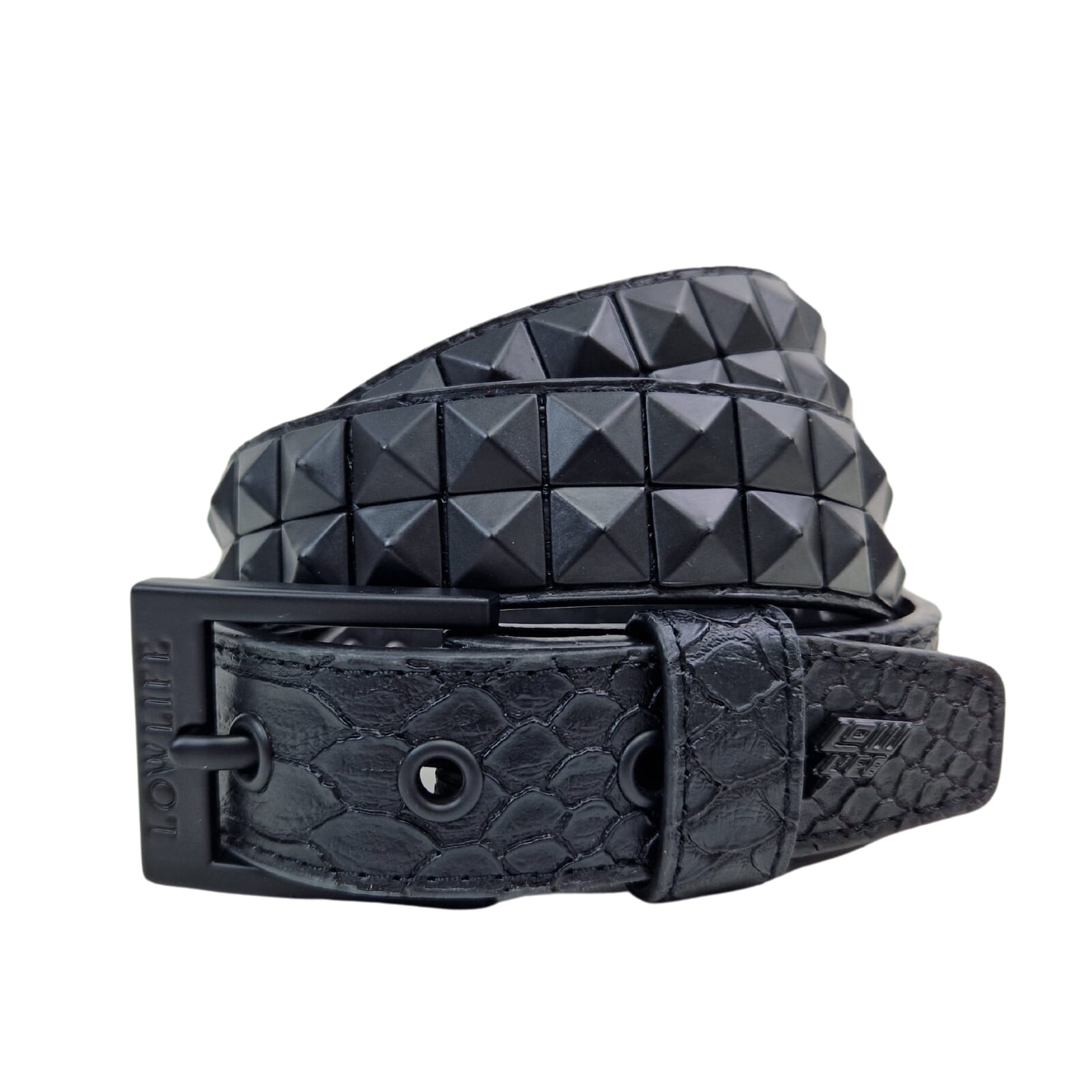 Double Stud Studded Leather Belt Black Snakeskin - Lowlife